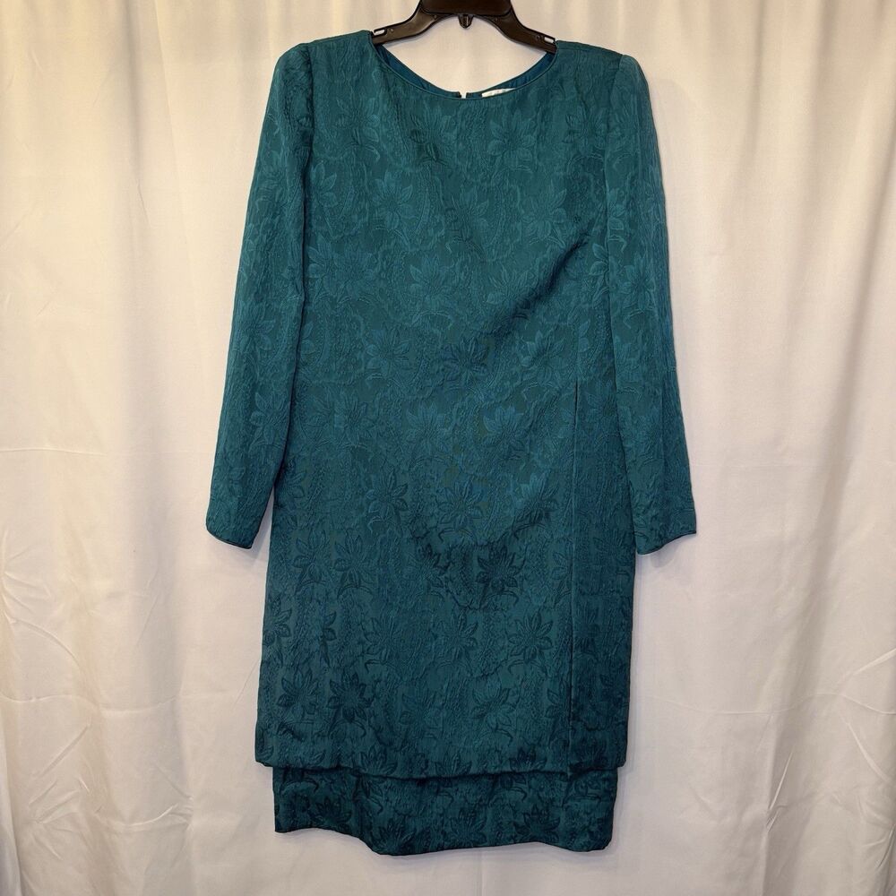 Mary McFadden Collection Saks Fifth Avenue Teal Silk Jacquard Floral Dress‎ 16